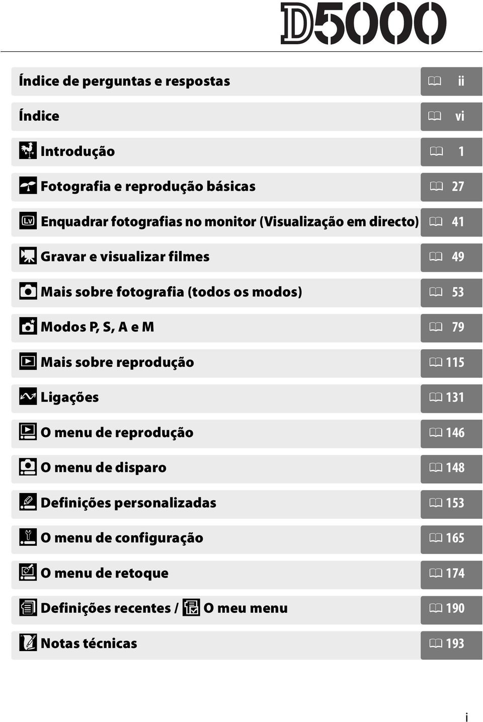 A e M 0 79 I Mais sobre reprodução 0 115 Q Ligações 0 131 o O menu de reprodução 0 146 i O menu de disparo 0 148 L Definições