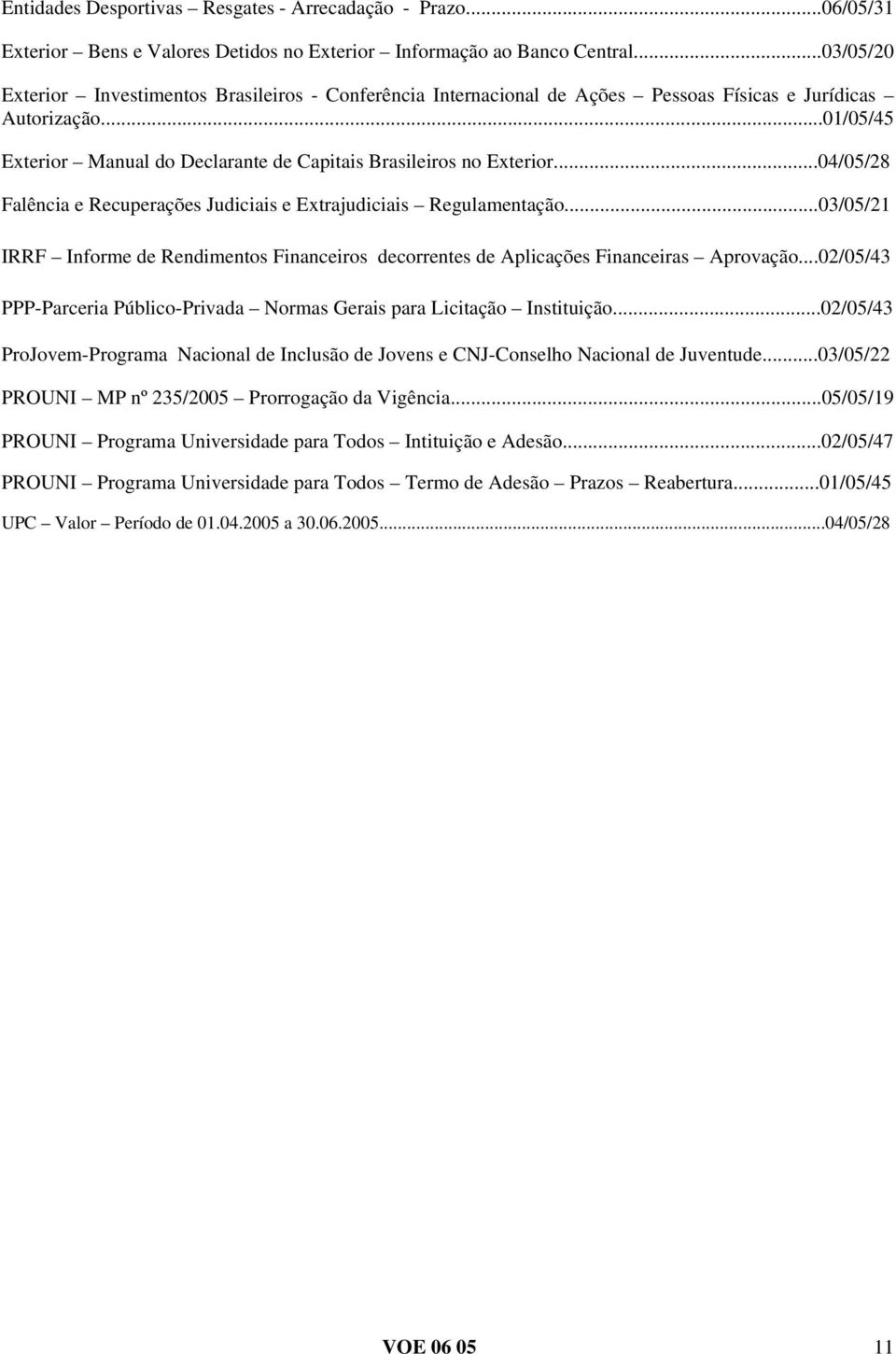 ..04/05/28 Falência e Recuperações Judiciais e Extrajudiciais Regulamentação...03/05/21 IRRF Informe de Rendimentos Financeiros decorrentes de Aplicações Financeiras Aprovação.