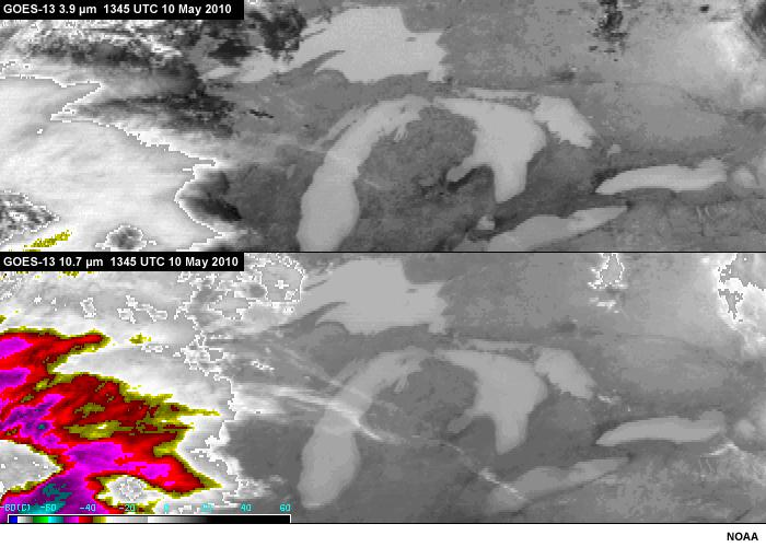 Reflexão em 3.9 μm 3.9 (cima) e10.7 (baixo) durante a noite. Veja que as Tb são próximas, com 3.9 apresentando ruído pta as Tbs mais frias. Próximo ao nascer do Sol, 3.