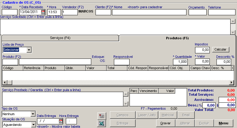 Cadastro de OS O campo Código fica em branco, ele será gerado automaticamente.