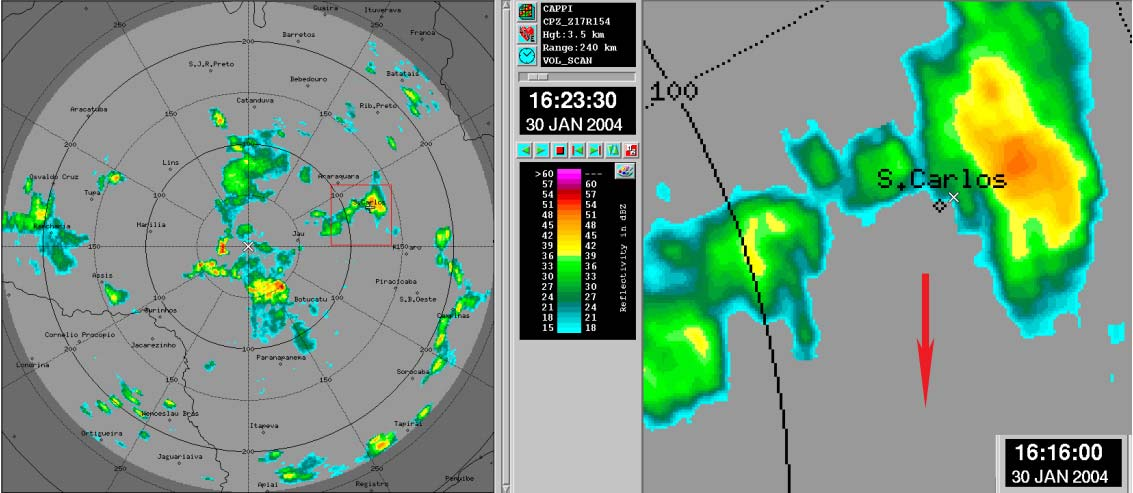 No dia 30/01/2004, as observações do radar de Bauru mostravam a presença de células isoladas de precipitação distribuídas no estado de São Paulo, com deslocamento praticamente N-S.