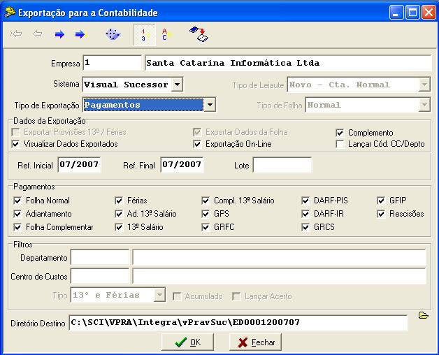 Para exportar os Pagamentos, acessar a tela Integrações / Exportações / Visual Sucessor e selecionar no tipo de exportação Pagamentos. Lembrando que os campos Ref. Inicial e Ref.