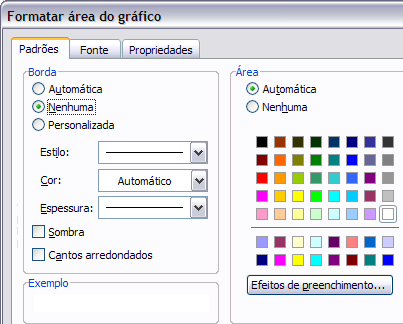 Alterando cores: As cores do gráfico podem ser alteradas utilizando duplo clique sobre as barras. No menu formatar seqüência de dados escolher a cor da área.