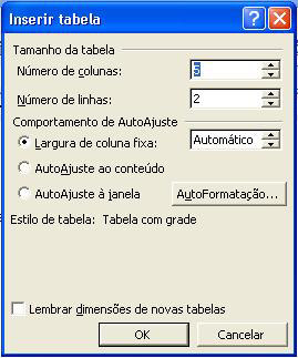 Figura 9- Caixa de Diálogo Inserir tabela Para inserir novas linhas basta executar Tabela Inserir Linhas acima ou Linhas abaixo.