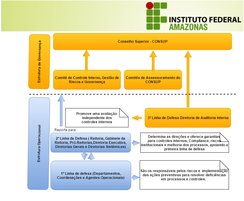 A integração será demonstrada pelas linhas de defesa definidas pelo IFAM que, conforme apresentado na Figura 01, a primeira linha de defesa está sob a responsabilidade dos Departamentos, Coordenações