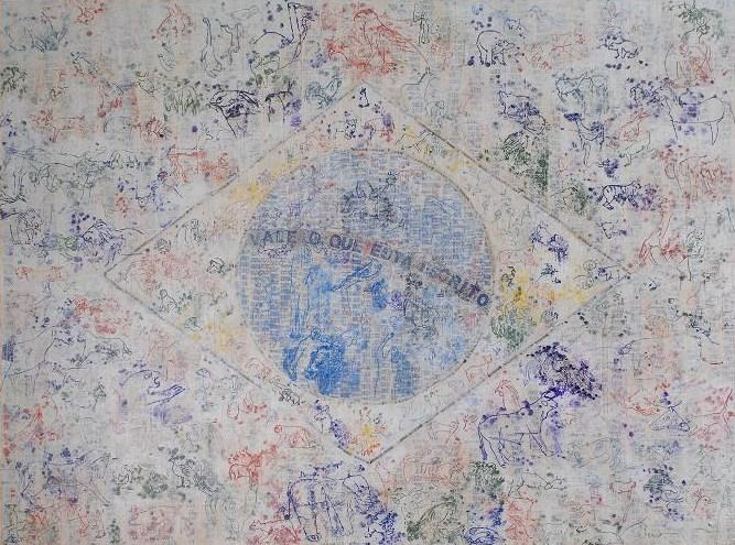 Figura 5. Bandeira - Vale o que está escrito, 2006. Técnica mista sobre tela, 150 x 200 cm. Coleção Márcio Espíndula, Vitória.
