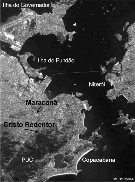 Questão n o (valor: 4,0 pontos) (Fonte: Wikipédia) (Fonte: METI/ERSDAC) Analisando a foto de satélite e o esquema do trajeto do metrô da cidade do Rio de Janeiro: a) identifique duas características