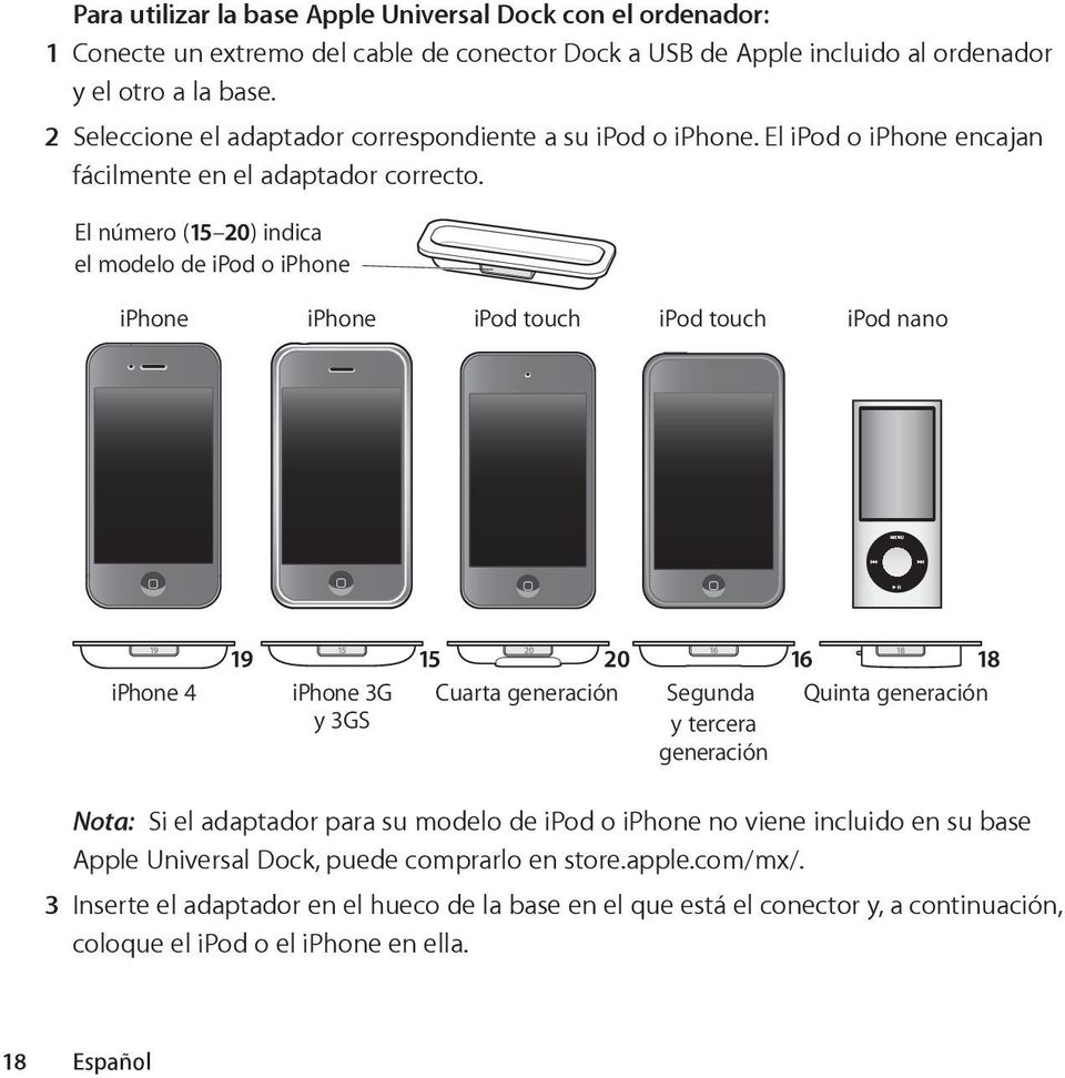 El número (15 20) indica el modelo de ipod o iphone iphone iphone ipod touch ipod touch ipod nano iphone 4 19 iphone 3G y 3GS 15 20 Cuarta generación Segunda y tercera generación 16 18 Quinta