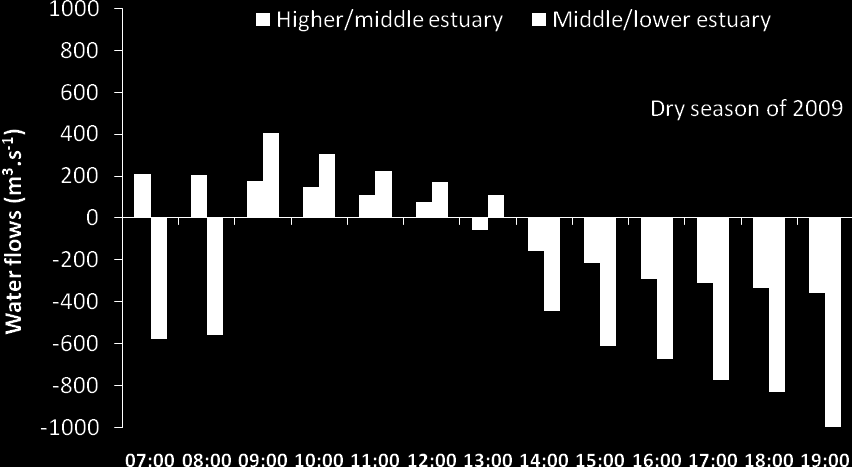 Fluxo Fluxo Rio ao Estuário Estuário ao Mar Chuva de 2009 Fluxo positivo permanente Fluxo alternado até o estuário superior.
