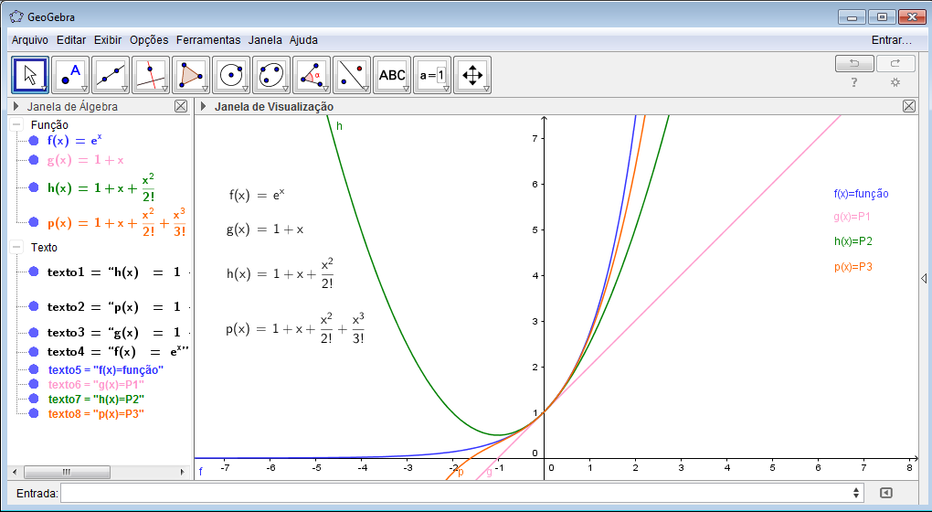 Para confeccionar legendas, como na imagem seguinte, temos duas formas: 1) Simplesmente arrastando a função da Janela de Álgebra para