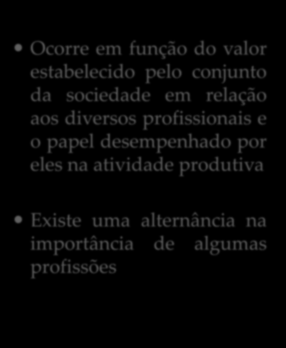 Estratificação Profissional Ocorre em função do valor estabelecido pelo conjunto da sociedade em relação aos diversos profissionais e o papel desempenhado