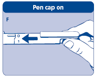 4. Selecionar a dose Coloque a tampa de volta na caneta, com o número 0 ao lado do indicador de dose [F].