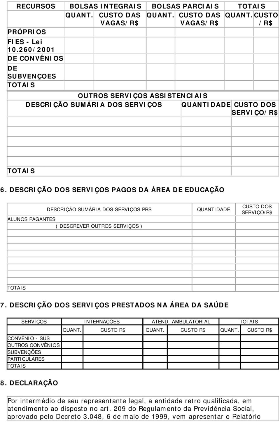 DESCRIÇÃO DOS SERVIÇOS PAGOS DA ÁREA DE EDUCAÇÃO DESCRIÇÃO SUMÁRIA DOS SERVIÇOS PRS QUANTIDADE CUSTO DOS SERVIÇO/R$ ALUNOS PAGANTES ( DESCREVER OUTROS SERVIÇOS ) TOTAIS 7.