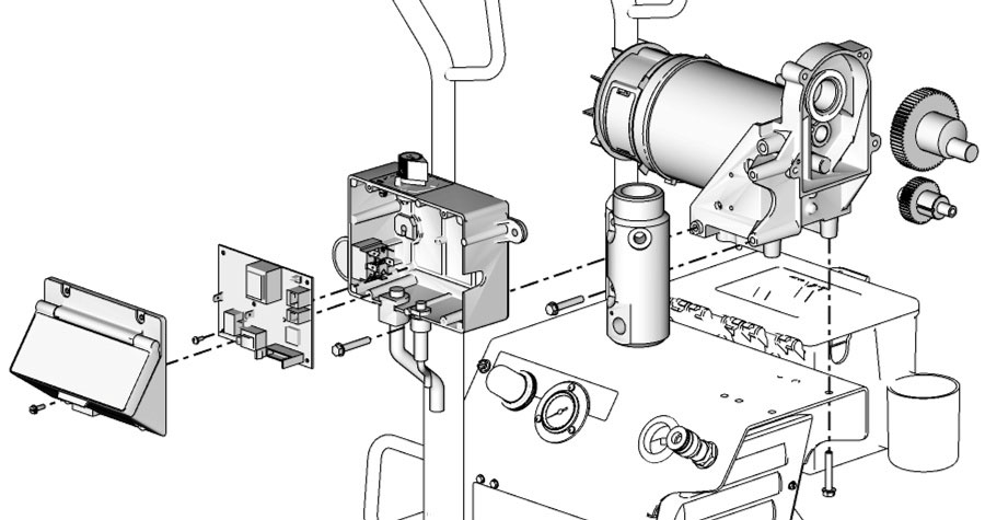 Substituição do motor Substituição do motor FinishPro II 395 Consulte o esquema das ligações eléctricas, na página 36. 6. Desligue todos os fios do painel (49). Retire os parafusos (6) e o painel. 7.