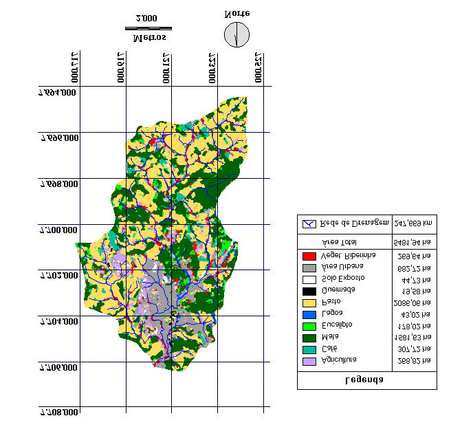 As fases do relevo, nas declividades especificadas, foram sobrepostas ao mapa de uso do solo, permitindo a verificação do tipo de uso do solo e o cálculo da área ocupada pelo mesmo, em cada uma das