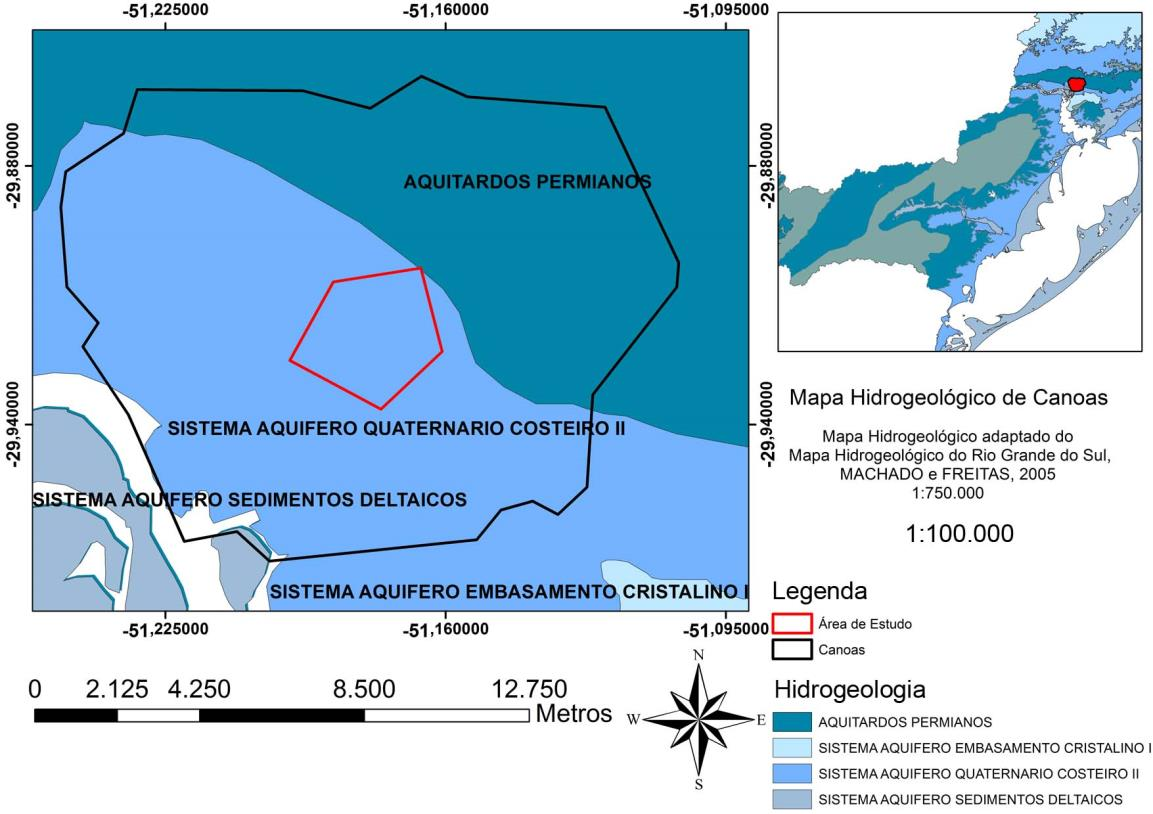 Avaliação da vulnerabilidade de aquíferos localizados na região central de Canoas RS Figura 3 - Mapa Hidrogeológico de Canoas (adaptado de Machado e Freitas, 2005) Figure 3 - Canoas Hidrogeologic Map