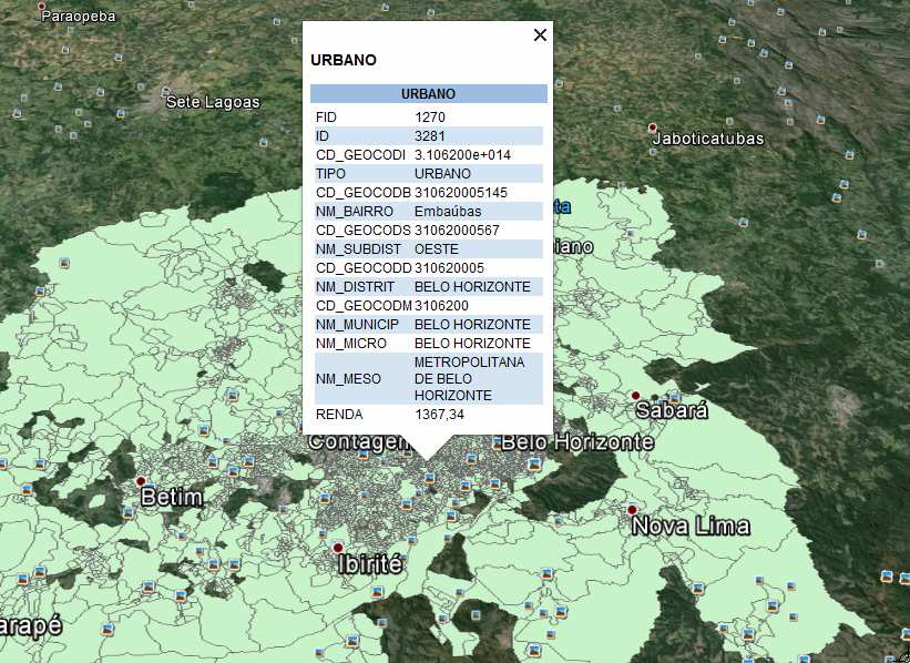 Figura 9: Representação de renda média (altura dos blocos) por setor e superfície gerada a partir de valores de pontos.