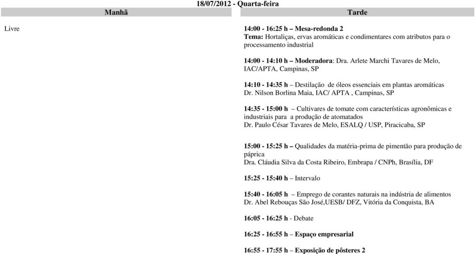 Nilson Borlina Maia, IAC/ APTA, Campinas, SP 14:35-15:00 h Cultivares de tomate com características agronômicas e industriais para a produção de atomatados Dr.