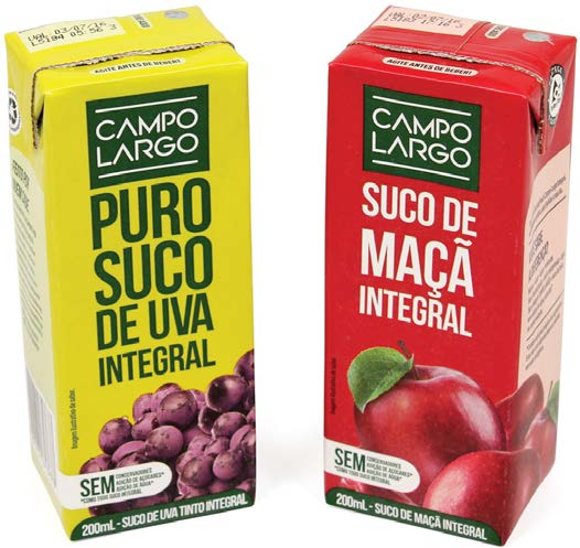As novas embalagens dos Sucos Campo Largo chegam ao consumidor nos sabores Uva e Maçã, ambos 100% naturais e