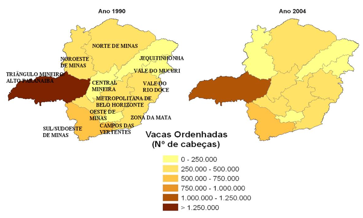 Tabela 3. Concentração da produção de leite e de vacas ordenhadas em Minas Gerais, por mesorregião. Indicador de Produção de leite Vacas ordenhadas Concentração 1990 2004 1990 2004 HHI 1.271,4 1.