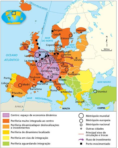 Desigualdades Econômicas O centro mais dinâmico concentra-se de Londres, na Inglaterra, até Milão, no norte da Itália, abrangendo os Países Baixos e a porção oeste da Alemanha.