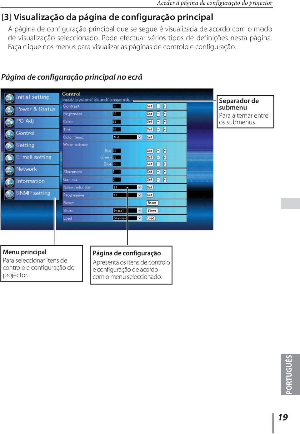 Faça clique nos menus para visualizar as páginas de controlo e configuração.