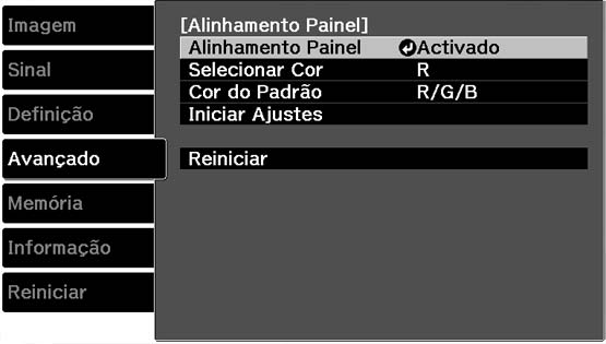 Tema principal: Uso dos recursos básicos do projetor Ajuste da convergência de cores (alinhamento do painel) Você pode usar a função de Alinhamento do Painel para ajustar manualmente a convergência