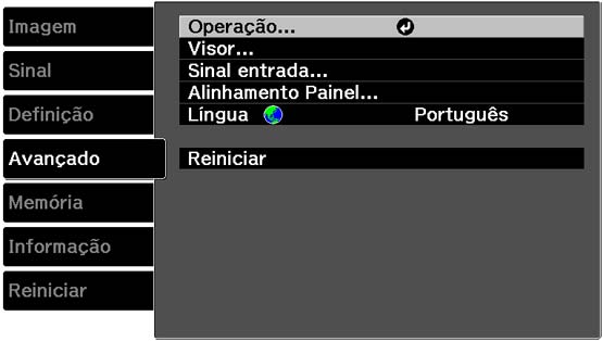 Configuração de opções do projetor - menu Avançado As configurações no menu