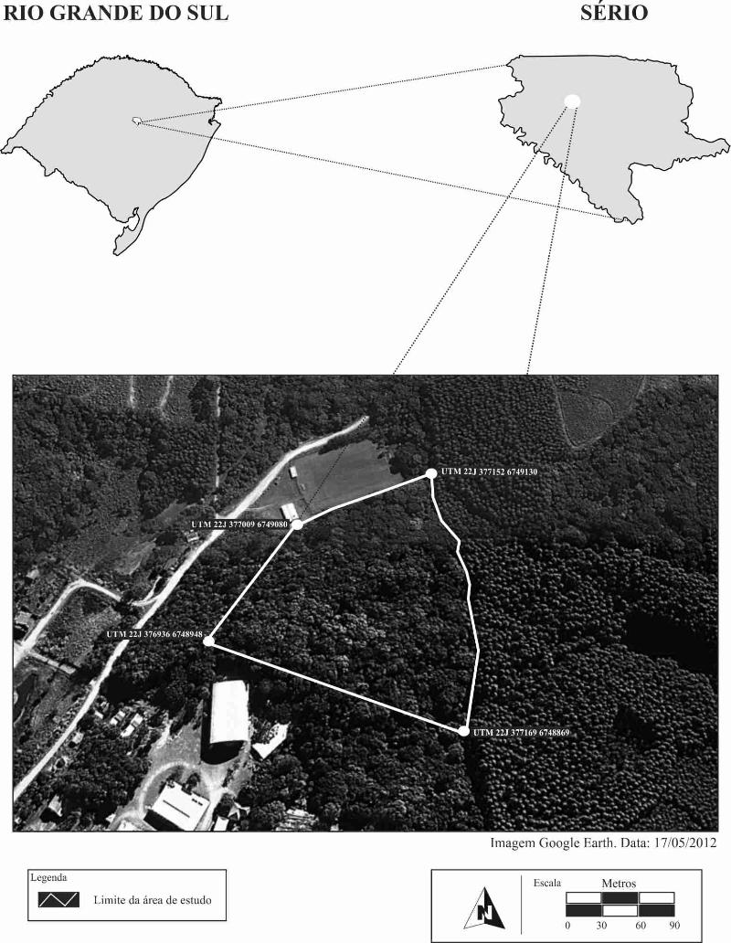 690 Ariotti, A. P.; Eichler, F. E.; Freitas, E. M. FIGURA 1: Localização e delimitação do fragmento florestal urbano estudado no município de Sério - RS, Brasil.