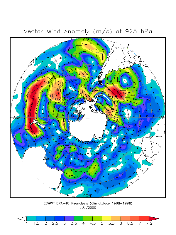 Anomalia mensal do vetor vento e da temperatura do ar em 925 hpa (m/s)