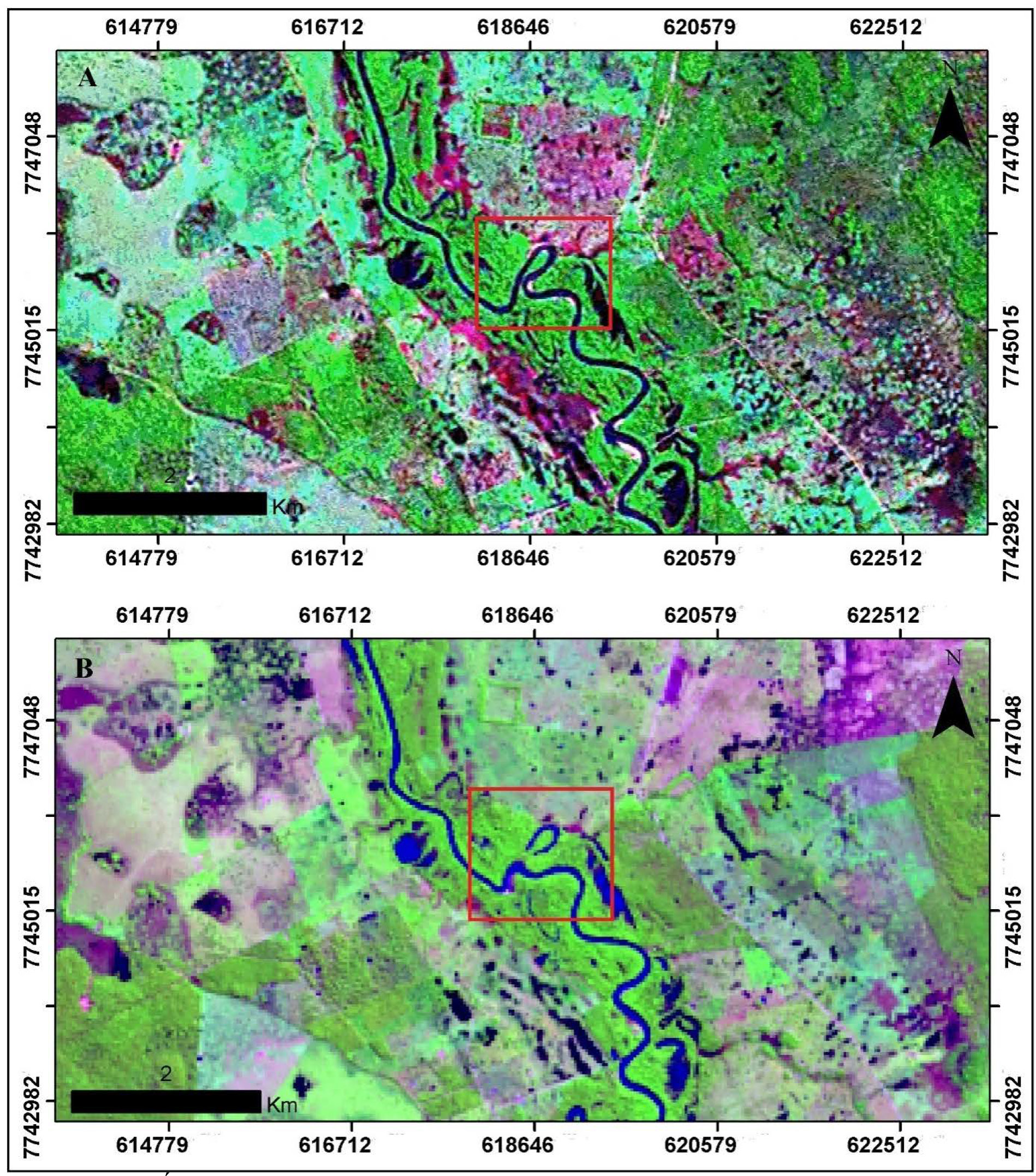 374 Figura 8: Arrombado Volta Grande nas proximidades do sítio urbano do município de Aquidauana. Fonte: GREGÓRIO, E. C. (2015). (A) Imagem Landsat 7/ETM+ (NASA, 2000) (B) Imagem Landsat 8/OLI (2014).