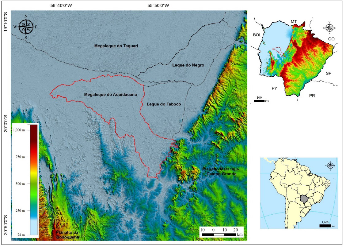 366 Figura 1. Localização do Megaleque Fluvial do Aquidauana, na Borda Sudeste da Bacia Sedimentar do Pantanal e seu posicionamento no Estado de Mato Grosso do Sul.