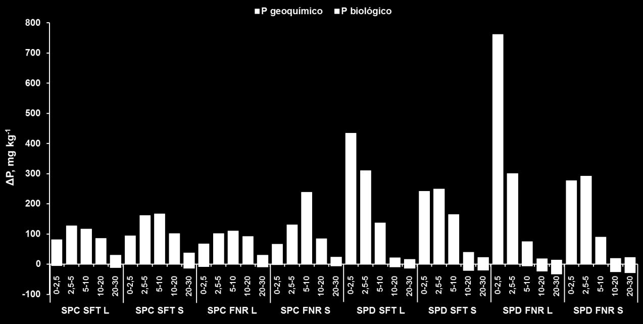 Apesar disso, os ganhos de P bio em algumas camadas são bastante expressivos, chegando até 75 mg kg -1. Figura 5.10.