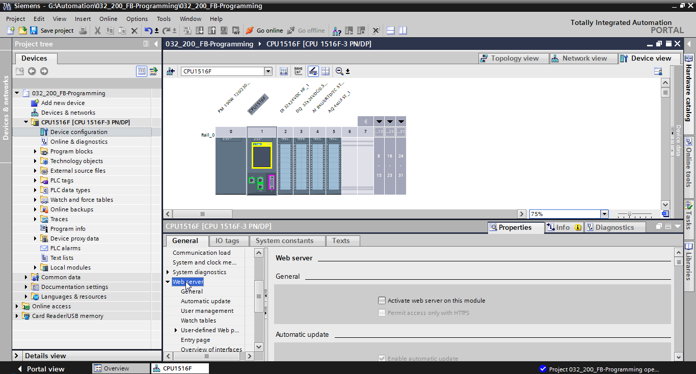 6.2 Configurar servidor web Para configurar o servidor web, abra configuração de dispositivos da CPU 1516F-3 PN/DP.