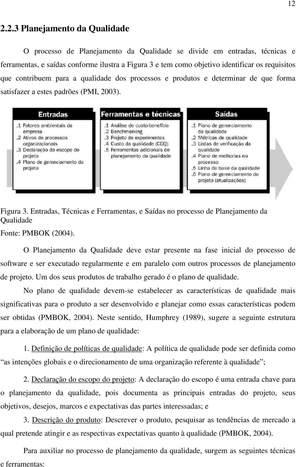 Entradas, Técnicas e Ferramentas, e Saídas no processo de Planejamento da Qualidade Fonte: PMBOK (2004).