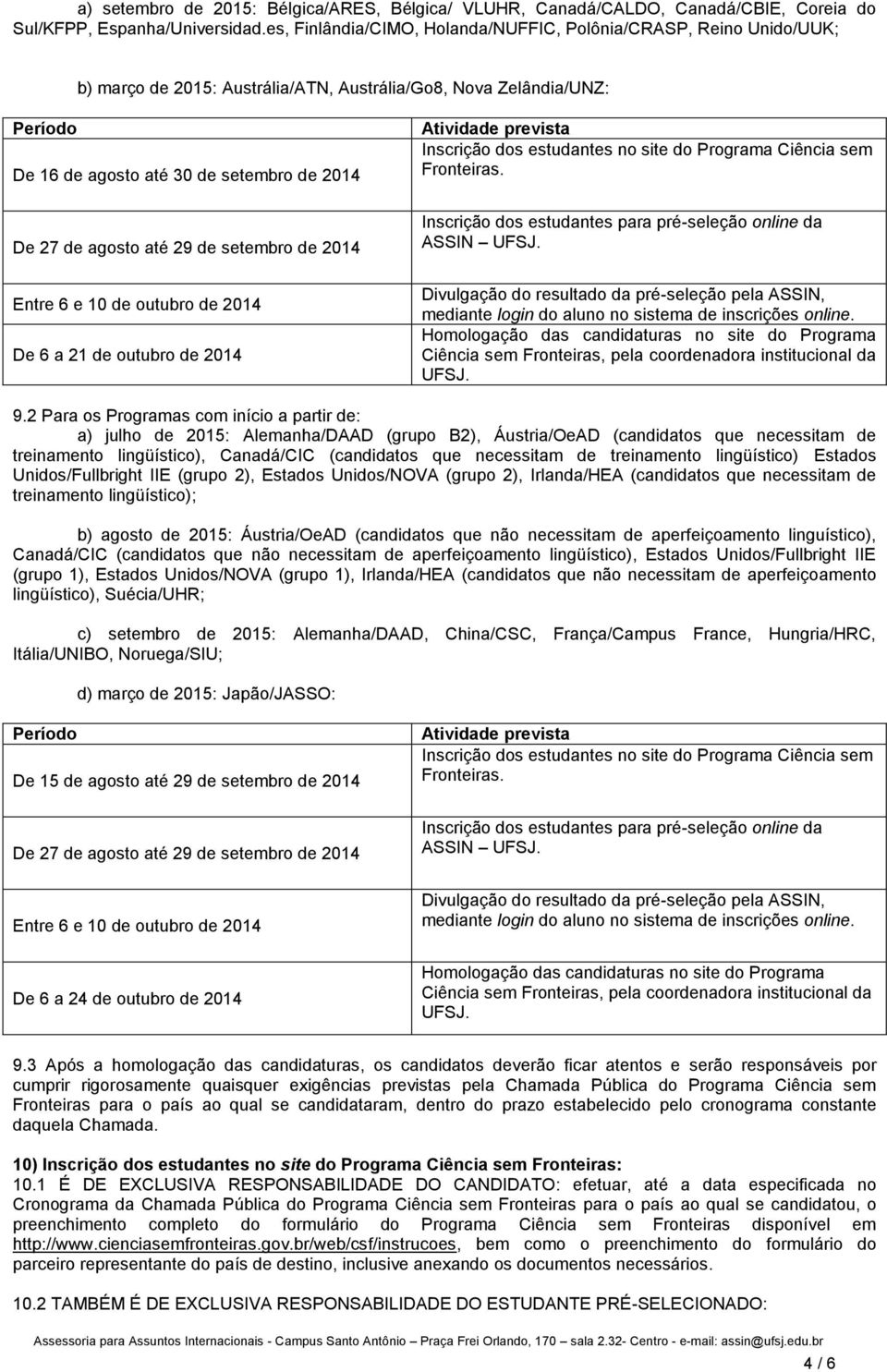 agosto até 29 de setembro de 2014 Entre 6 e 10 de outubro de 2014 De 6 a 21 de outubro de 2014 Atividade prevista Inscrição dos estudantes no site do Programa Ciência sem Fronteiras.