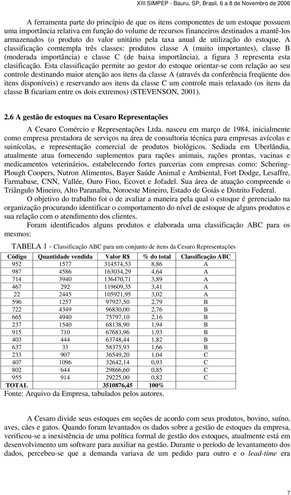 classificação comtempla três classes: produtos classe (muito importantes), classe B (moderada importância) e classe C (de baixa importância), a figura 3 representa esta clasificação.