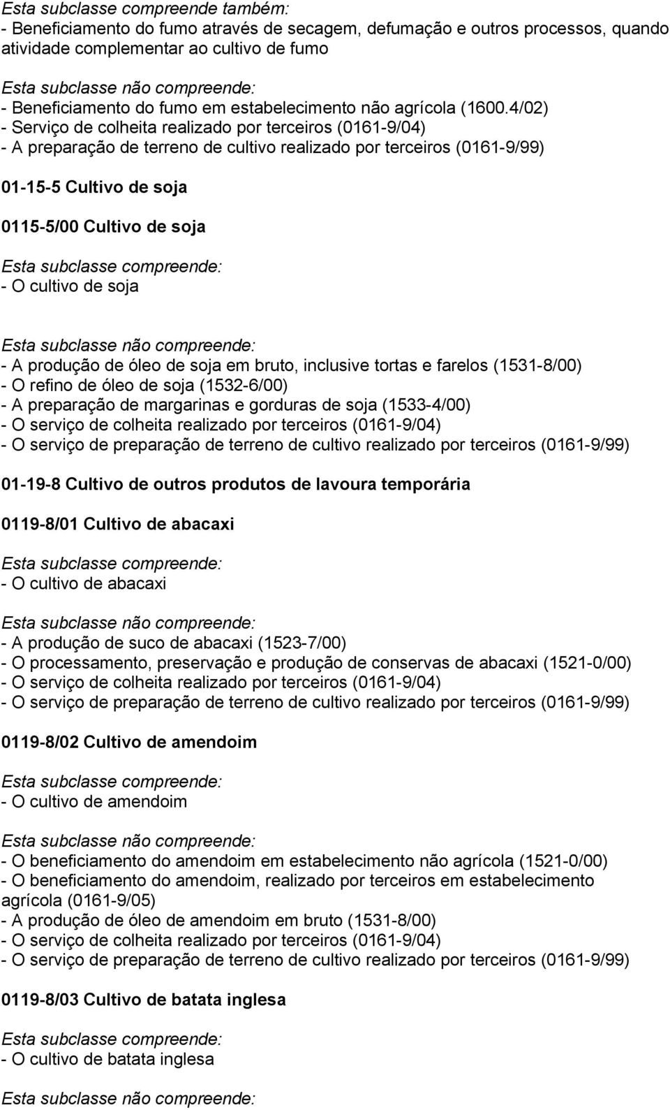 de soja - A produção de óleo de soja em bruto, inclusive tortas e farelos (1531-8/00) - O refino de óleo de soja (1532-6/00) - A preparação de margarinas e gorduras de soja (1533-4/00) - O serviço de