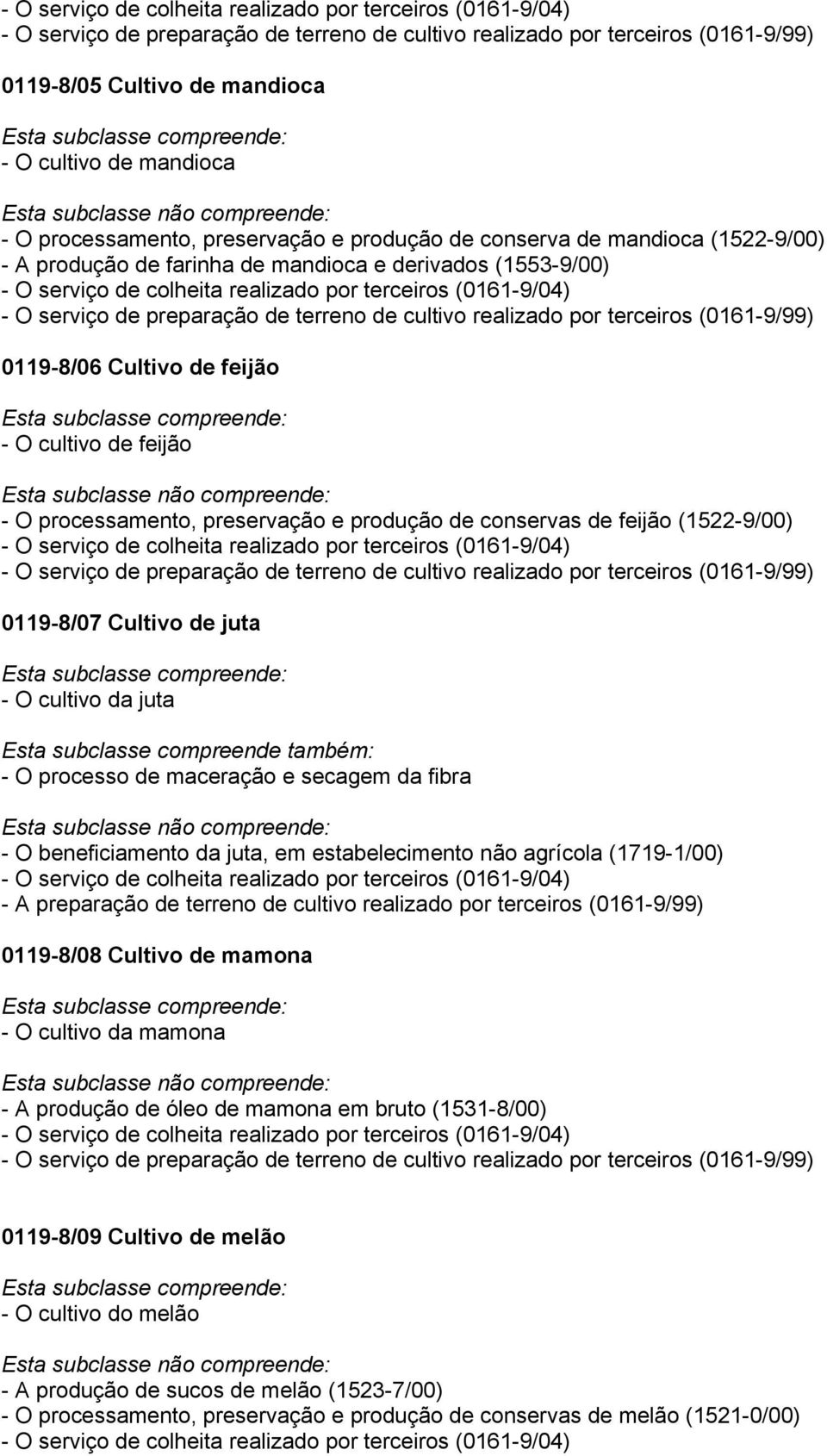 serviço de preparação de terreno de cultivo realizado por terceiros (0161-9/99) 0119-8/06 Cultivo de feijão - O cultivo de feijão - O processamento, preservação e produção de conservas de feijão