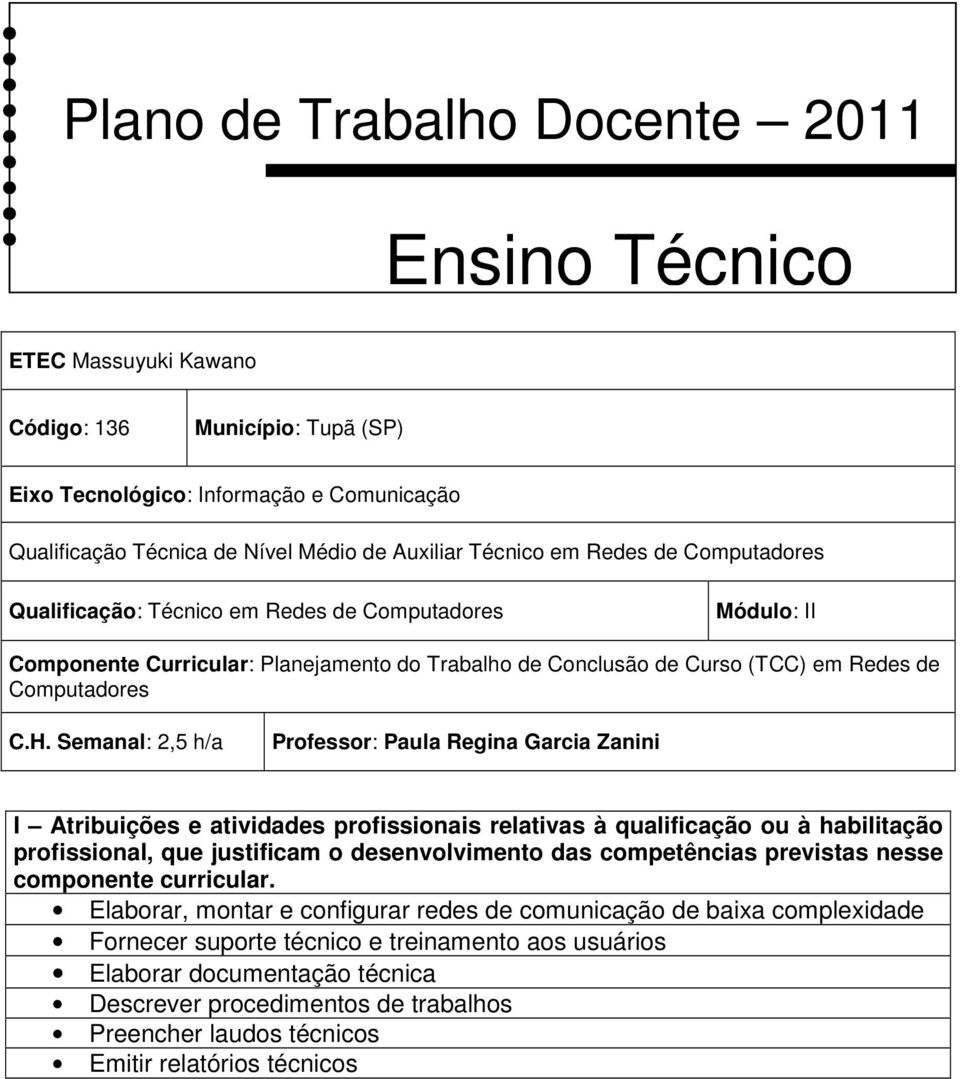 Semanal: 2,5 h/a Professor: Paula Regina Garcia Zanini I Atribuições e atividades profissionais relativas à qualificação ou à habilitação profissional, que justificam o desenvolvimento das