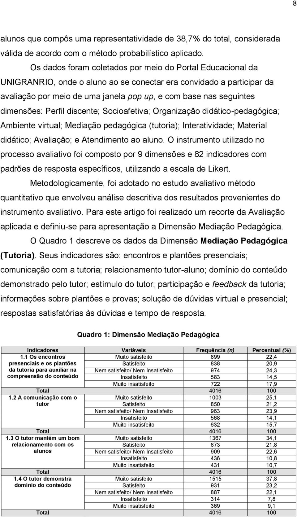 dimensões: Perfil discente; Socioafetiva; Organização didático-pedagógica; Ambiente virtual; Mediação pedagógica (tutoria); Interatividade; Material didático; Avaliação; e Atendimento ao aluno.