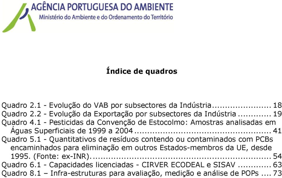 1 - Pesticidas da Convenção de Estocolmo: Amostras analisadas em Águas Superficiais de 1999 a 2004... 41 Quadro 5.