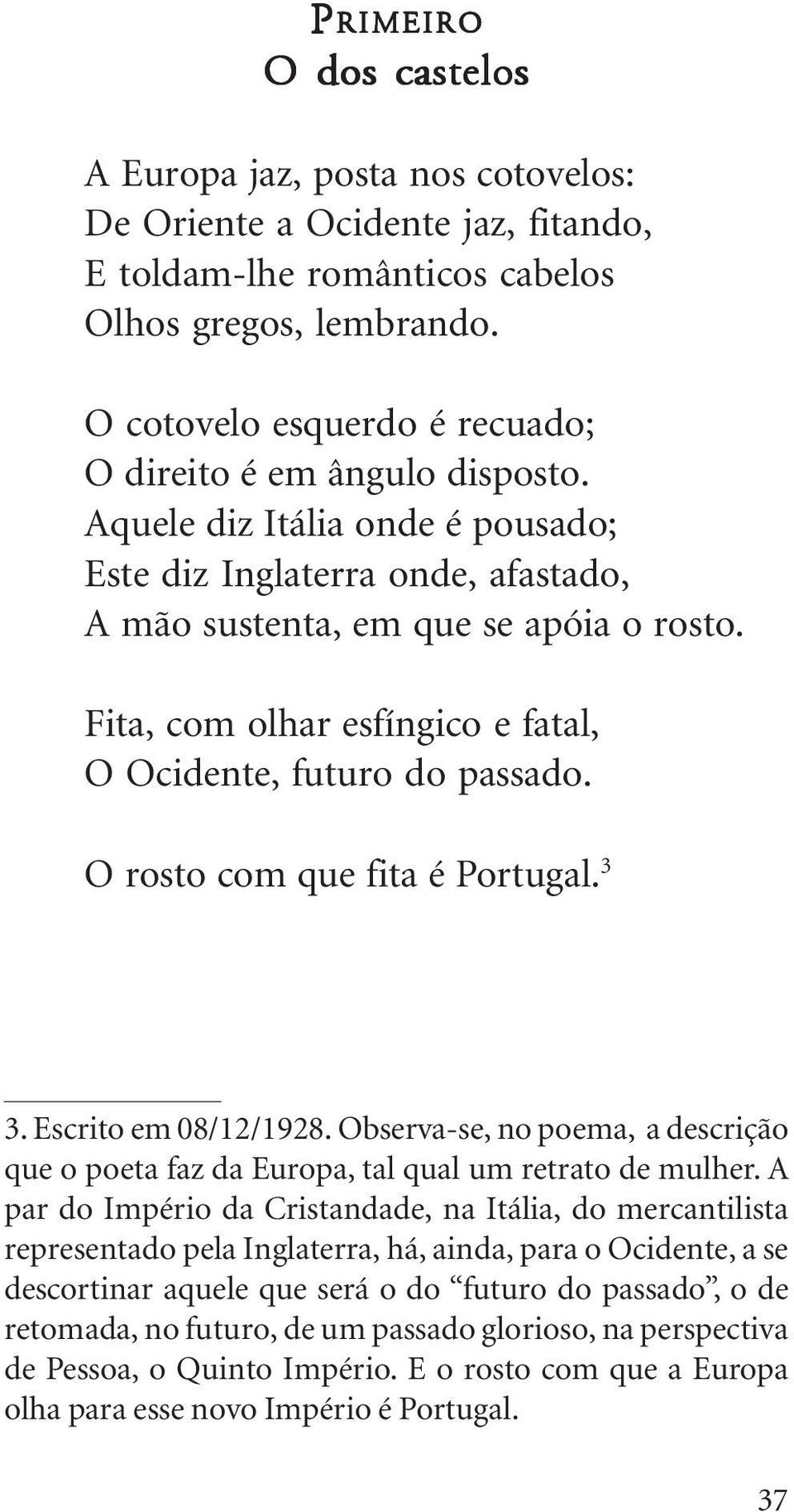 Fita, com olhar esfíngico e fatal, O Ocidente, futuro do passado. O rosto com que fita é Portugal. 3 3. Escrito em 08/12/1928.