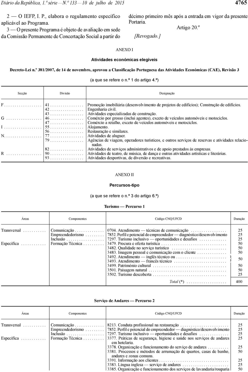 ] ANEXO I Atividades económicas elegíveis Decreto -Lei n.º 381/2007, de 14 de novembro, aprovou a Classificação Portuguesa das Atividades Económicas (CAE), Revisão 3 (a que se refere o n.
