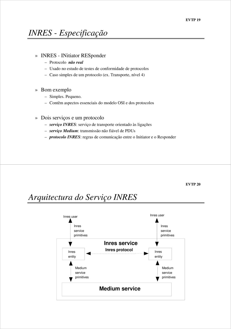 Contêm aspectos essenciais do modelo OSI e dos protocolos» Dois serviços e um protocolo serviço INRES: serviço de transporte orientado às ligações serviço Medium: transmissão não