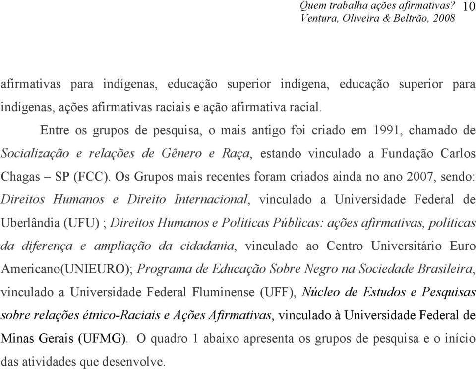 Os Grupos mais recentes foram criados ainda no ano 2007, sendo: Direitos Humanos e Direito Internacional, vinculado a Universidade Federal de Uberlândia (UFU) ; Direitos Humanos e Políticas Públicas: