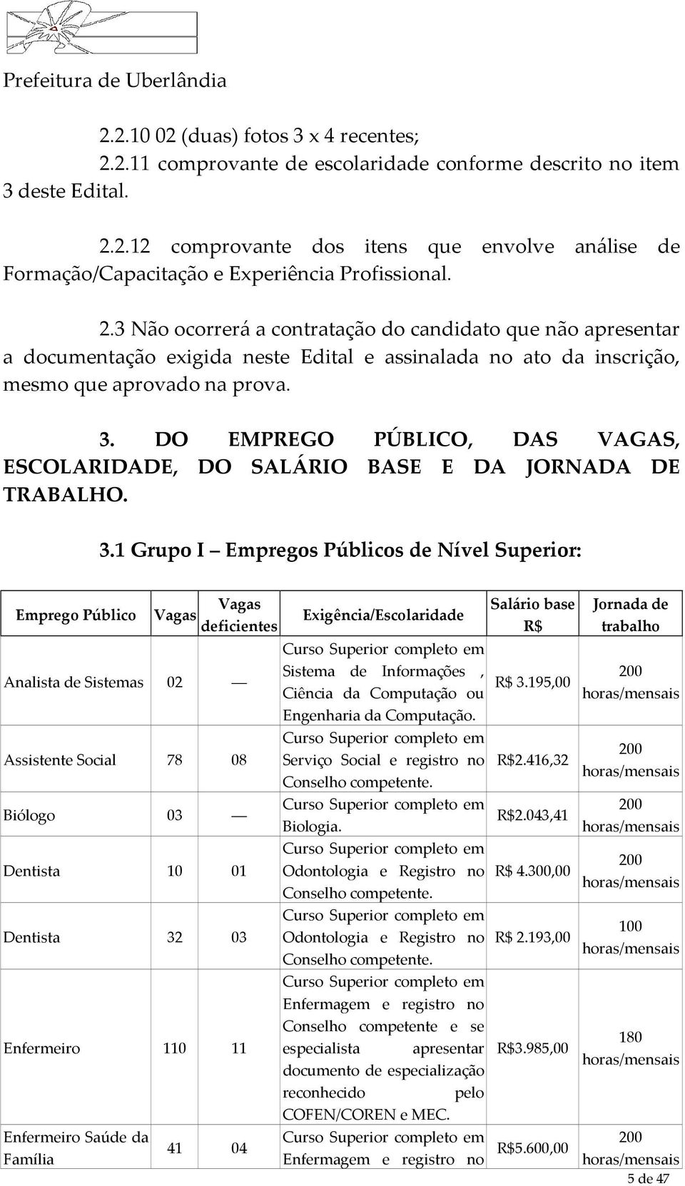 DO EMPREGO PÚBLICO, DAS VAGAS, ESCOLARIDADE, DO SALÁRIO BASE E DA JORNADA DE TRABALHO. 3.