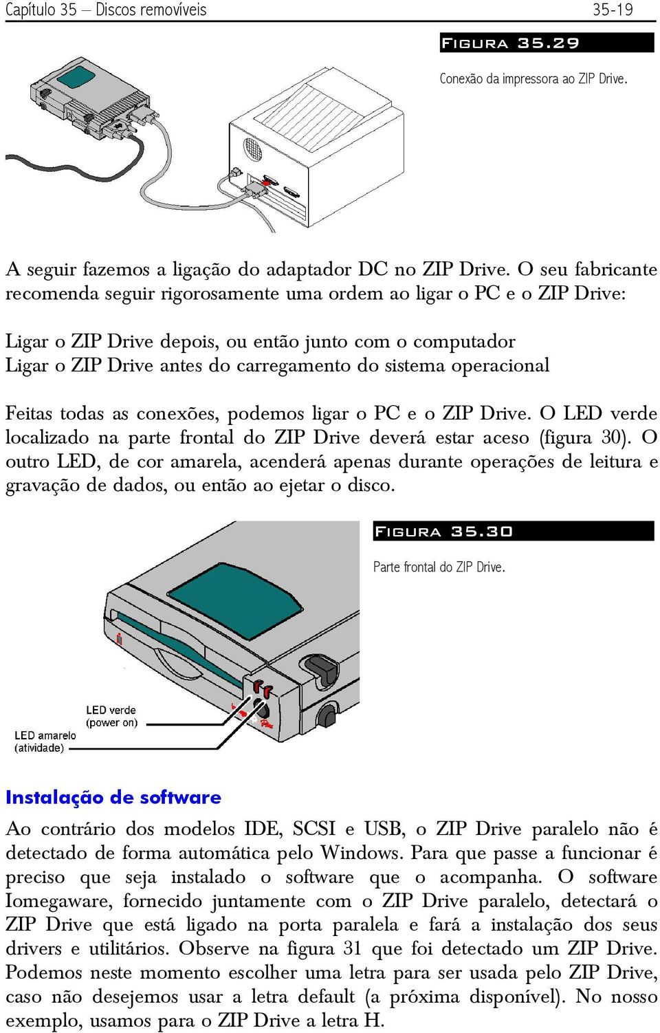 operacional Feitas todas as conexões, podemos ligar o PC e o ZIP Drive. O LED verde localizado na parte frontal do ZIP Drive deverá estar aceso (figura 30).