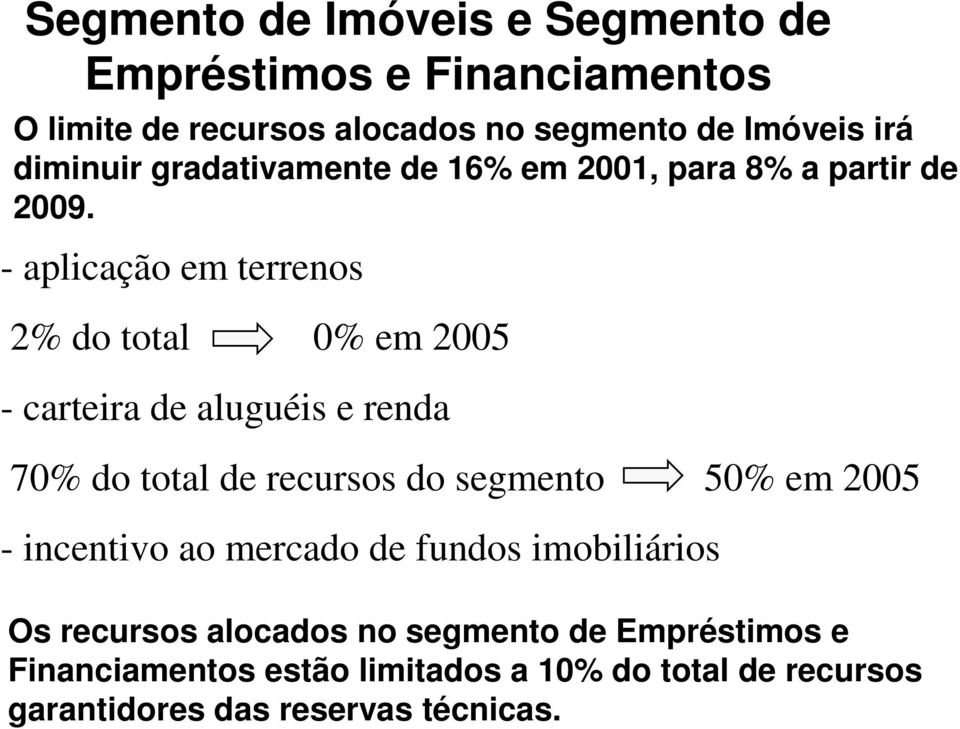 - aplicação em terrenos 2% do total 0% em 2005 - carteira de aluguéis e renda 70% do total de recursos do segmento 50% em