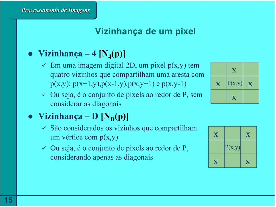 ao redor de P, sem considerar as diagonais x Vizinhança D [N D (p)] São considerados os vizinhos que compartilham